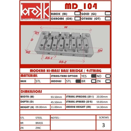 Brokk Modern Hi-Mass 4 String Bass Bridge - Chrome